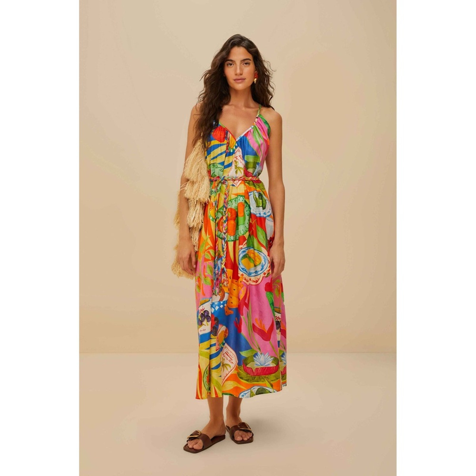 Farm Rio Maxi Dress Tropical Print Spaghetti Strap Belted Flowy Women Size M